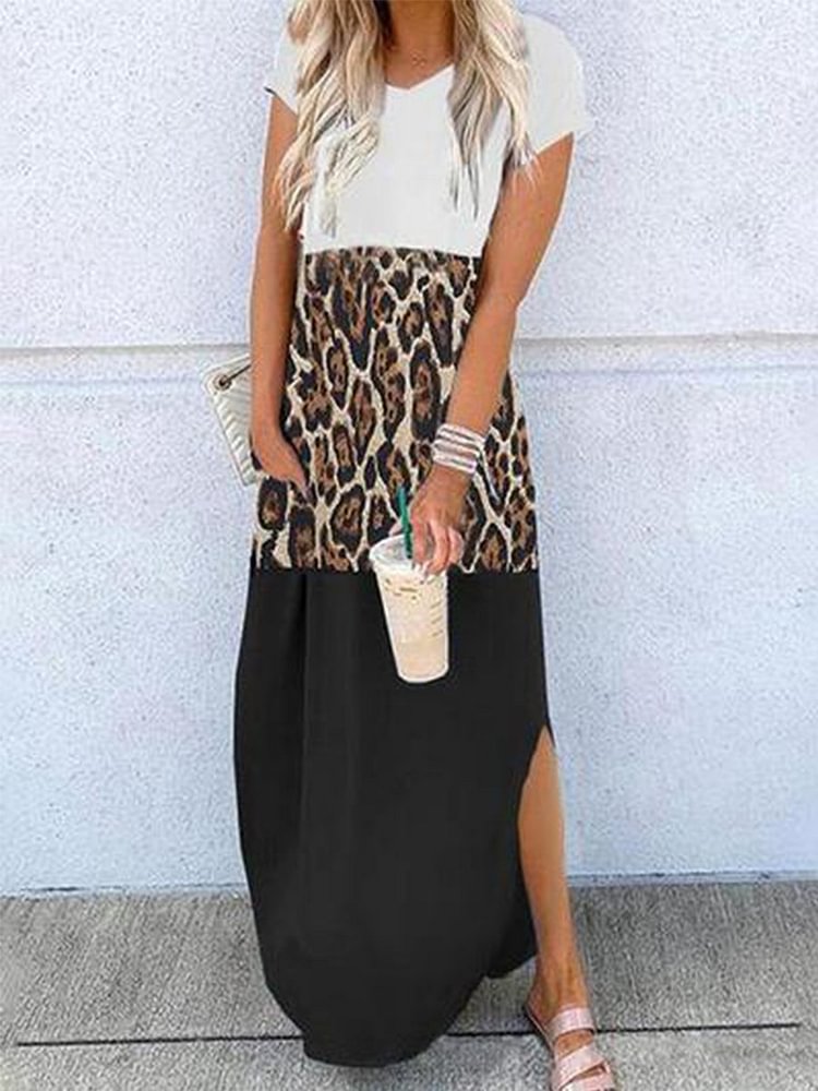 Casual Colorblock Leopard Print Maxi Dress P10485