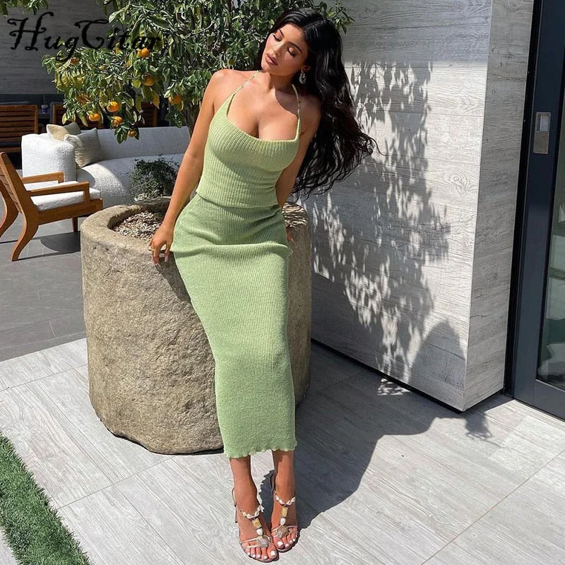 Hugcitar 2021 Solid Sleeveless Backless Top Maxi Dress 2 Pieces Set Fall Winter Women Fashion Streetwear Outfits Y2K Sexy