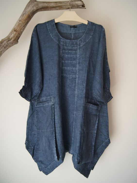 Womens Linen Asymmetrical Casual Tee With Pockects