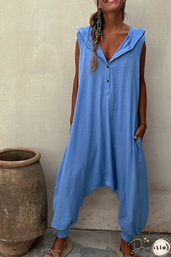Let's Chill Pocketed Half Button Hooded Loose Jumpsuit