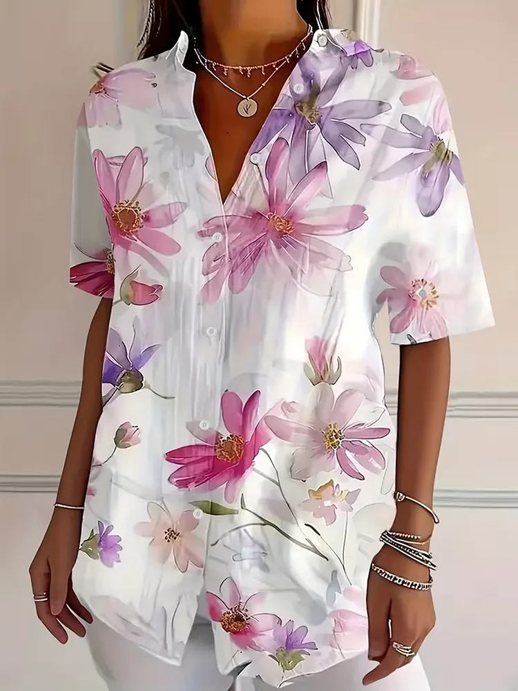 Buttoned Contrast Color Flower Print Loose Plus Size Lapel Blouses&Shirts Tops