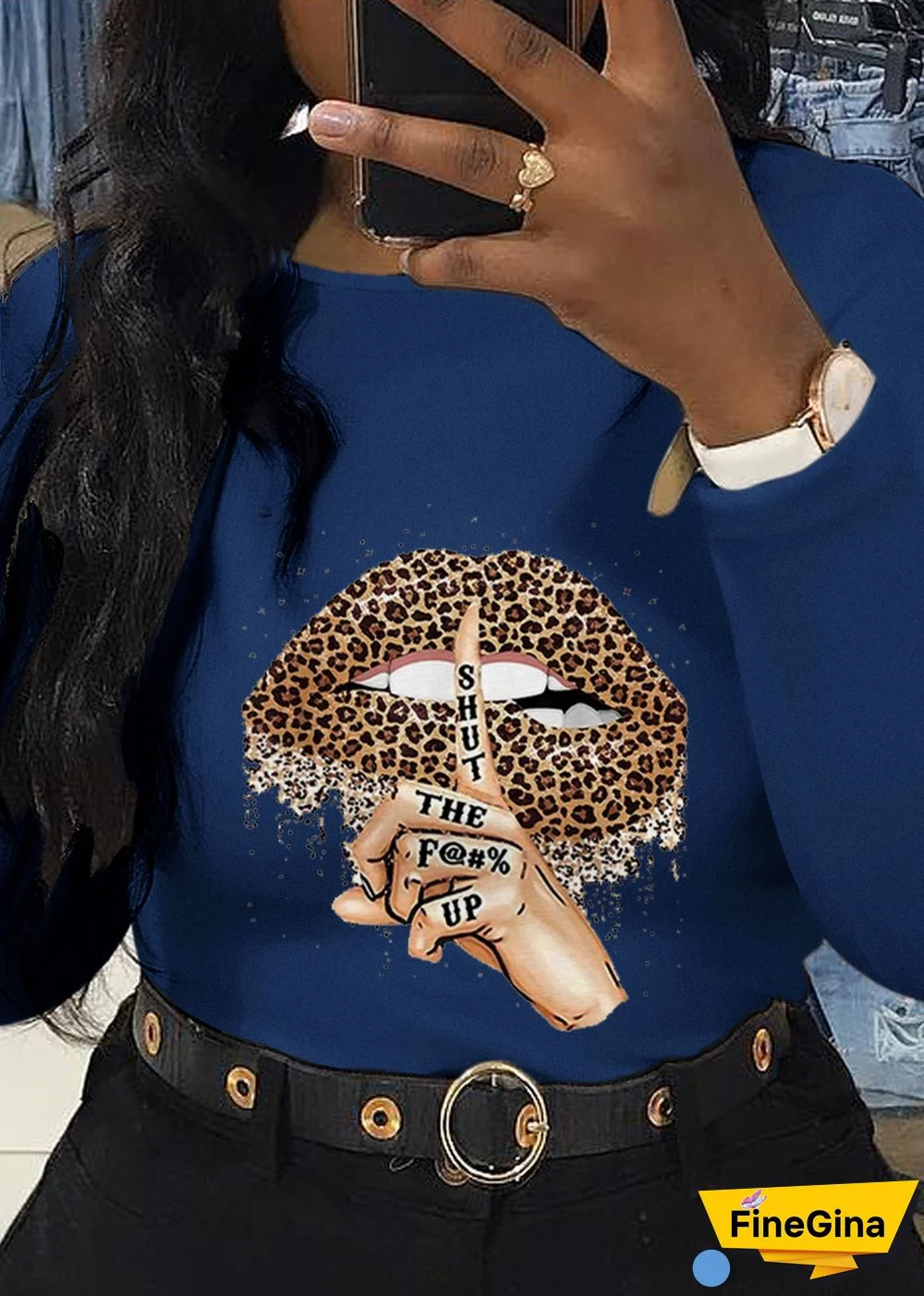 White Street Lips Printed Patchwork O Neck Tops