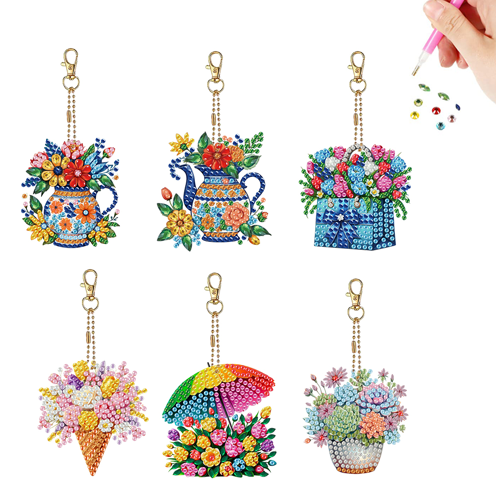 6Pcs Double Sided Special Shape Bouquet 5D DIY Diamond Painting Keychain