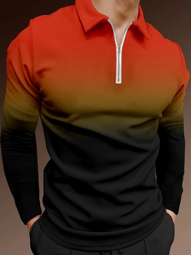 Casual Art Collection Gradient Pattern Lapel Zip Long Sleeve Print Polo Shirt