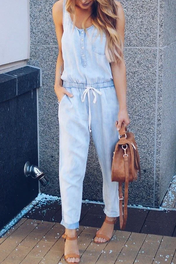 Womens Trendy Smart Solid Color Denim Jumpsuits-Allyzone-Allyzone
