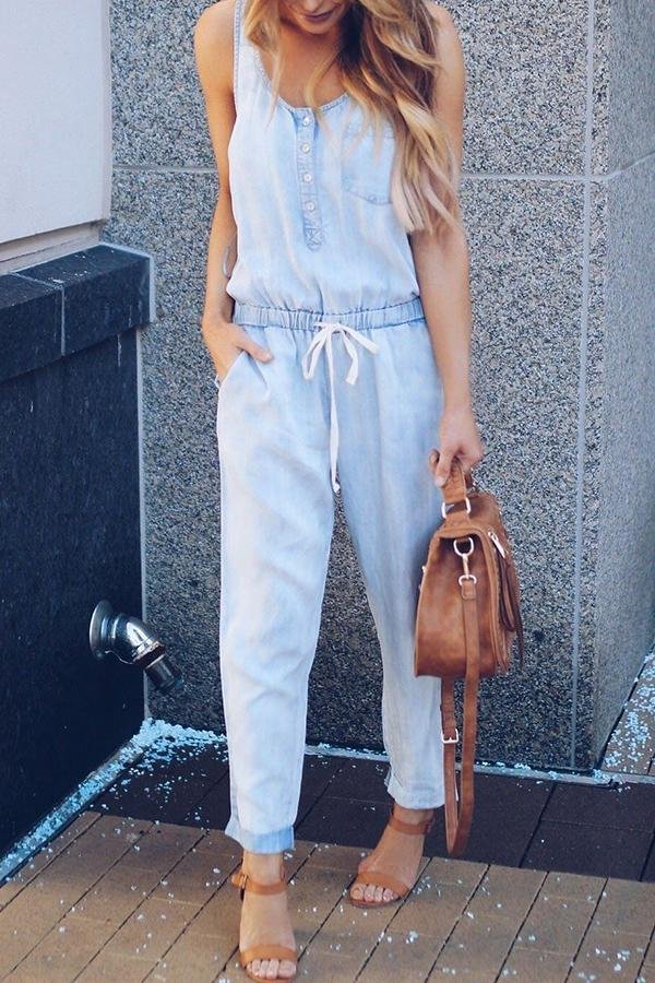 Womens Trendy Smart Solid Color Denim Jumpsuits-Allyzone-Allyzone