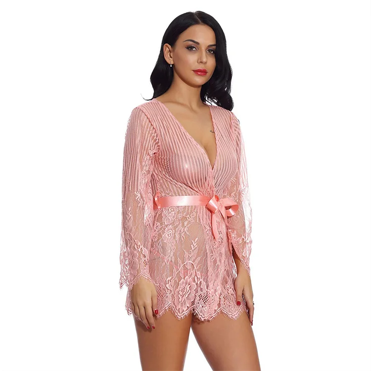 Lace Striped Cardigan Sleep Jumpsuit