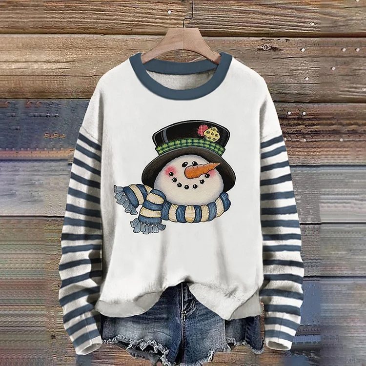 Comstylish Christmas Snowman Print Striped Knitted Sweater