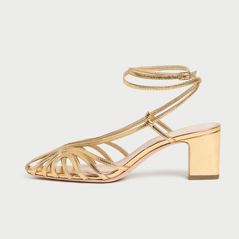 Elegant Gold Metallic Finish Square Toe Strappy Block Heel Sandals