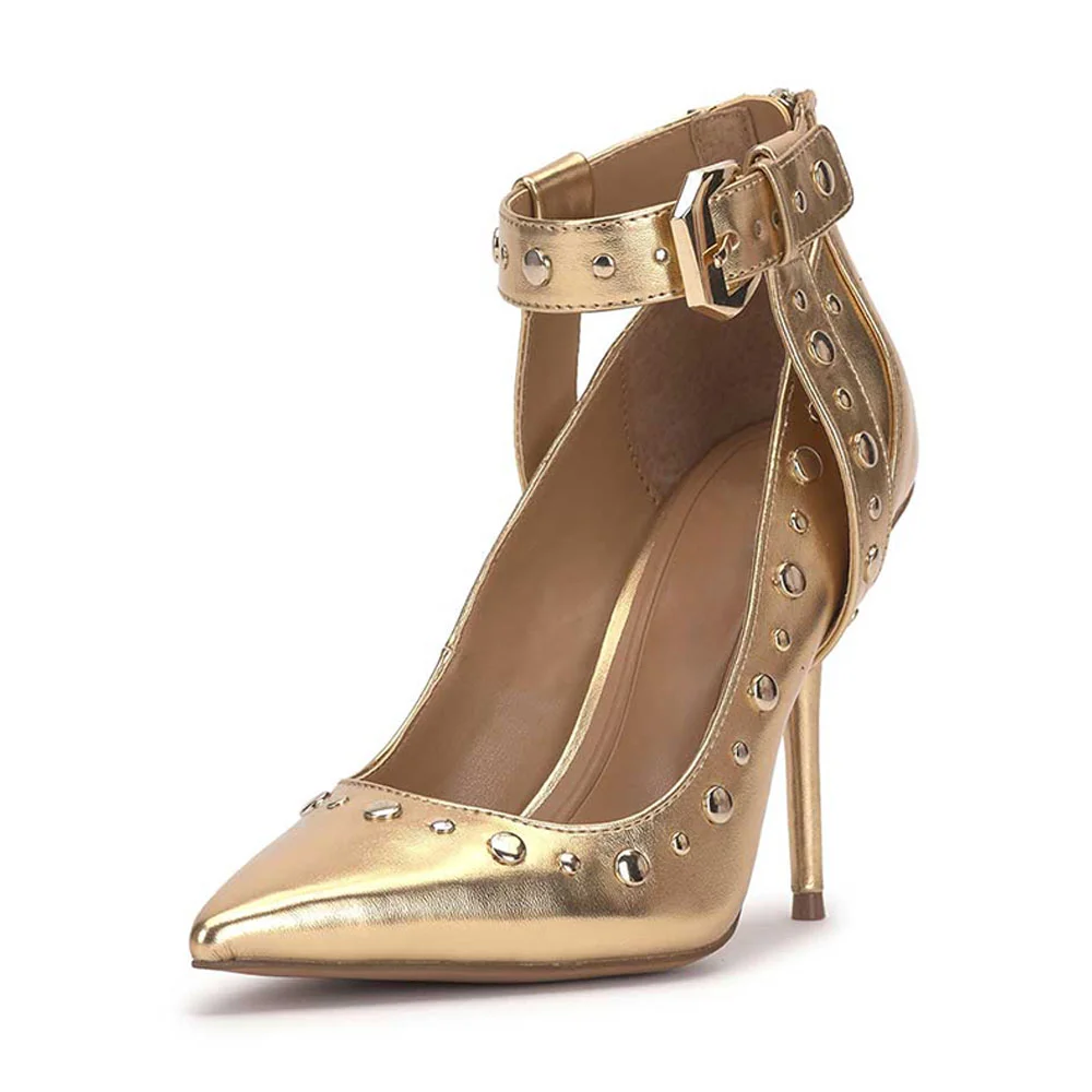 Gold Vegan Leather  Pointed Toe Studded Pull-on Buckle Pumps With Stiletto Heels Nicepairs