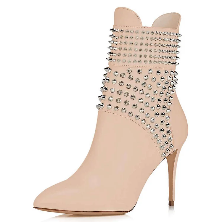 Nude Studs Shoes Stiletto Heel Ankle Boots |FSJ Shoes