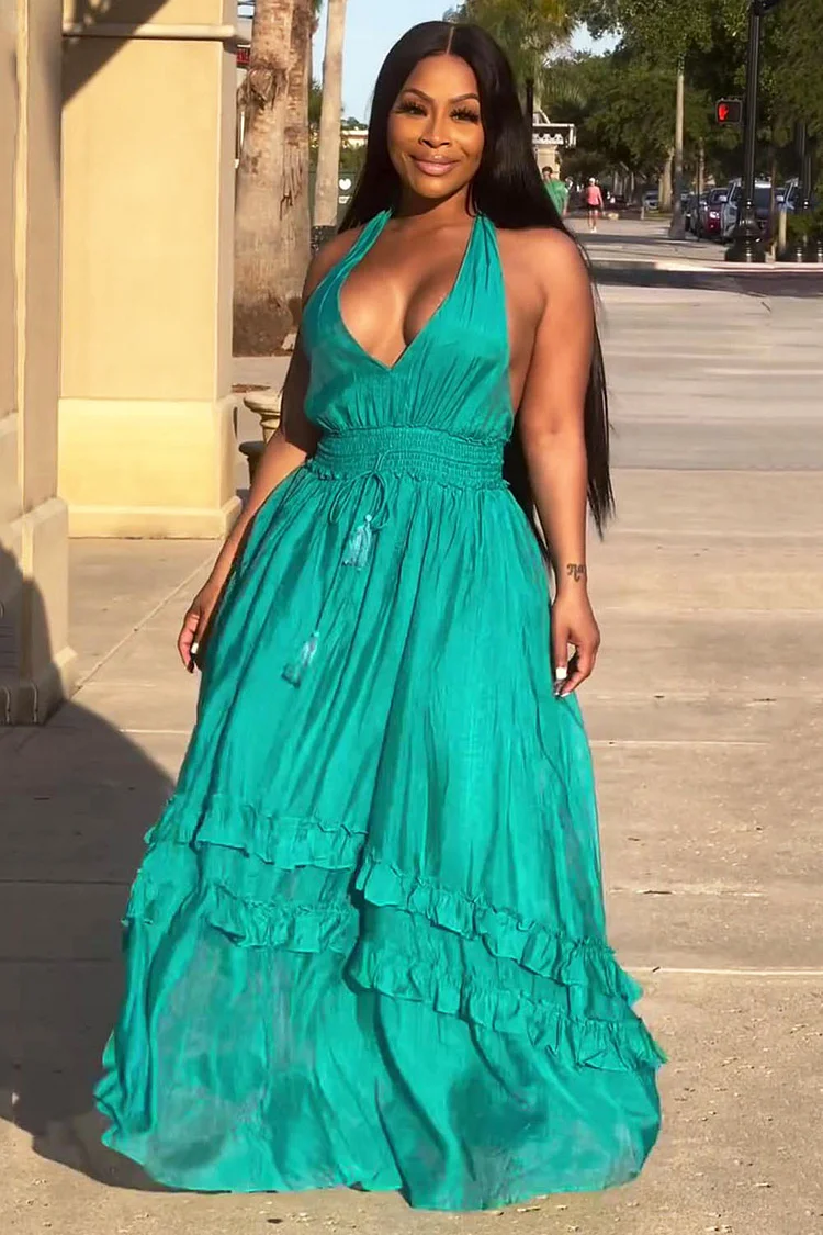 Halter V Neck Ruched Waist Ruffle Vacation Maxi Dresses-Green [Pre Order]
