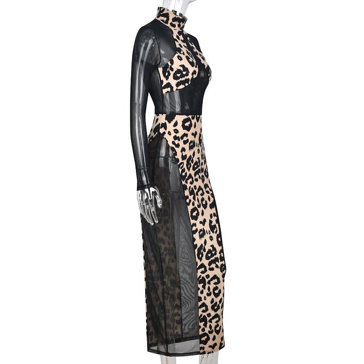Promsstyle Leopard mesh long sleeve skinny long dress