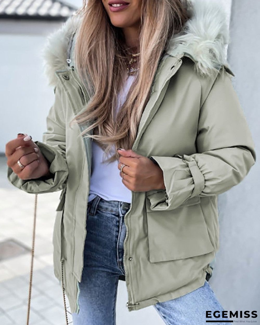 Faux Fur Patch Pocket Zipper Design Hooded Parker Coat | EGEMISS