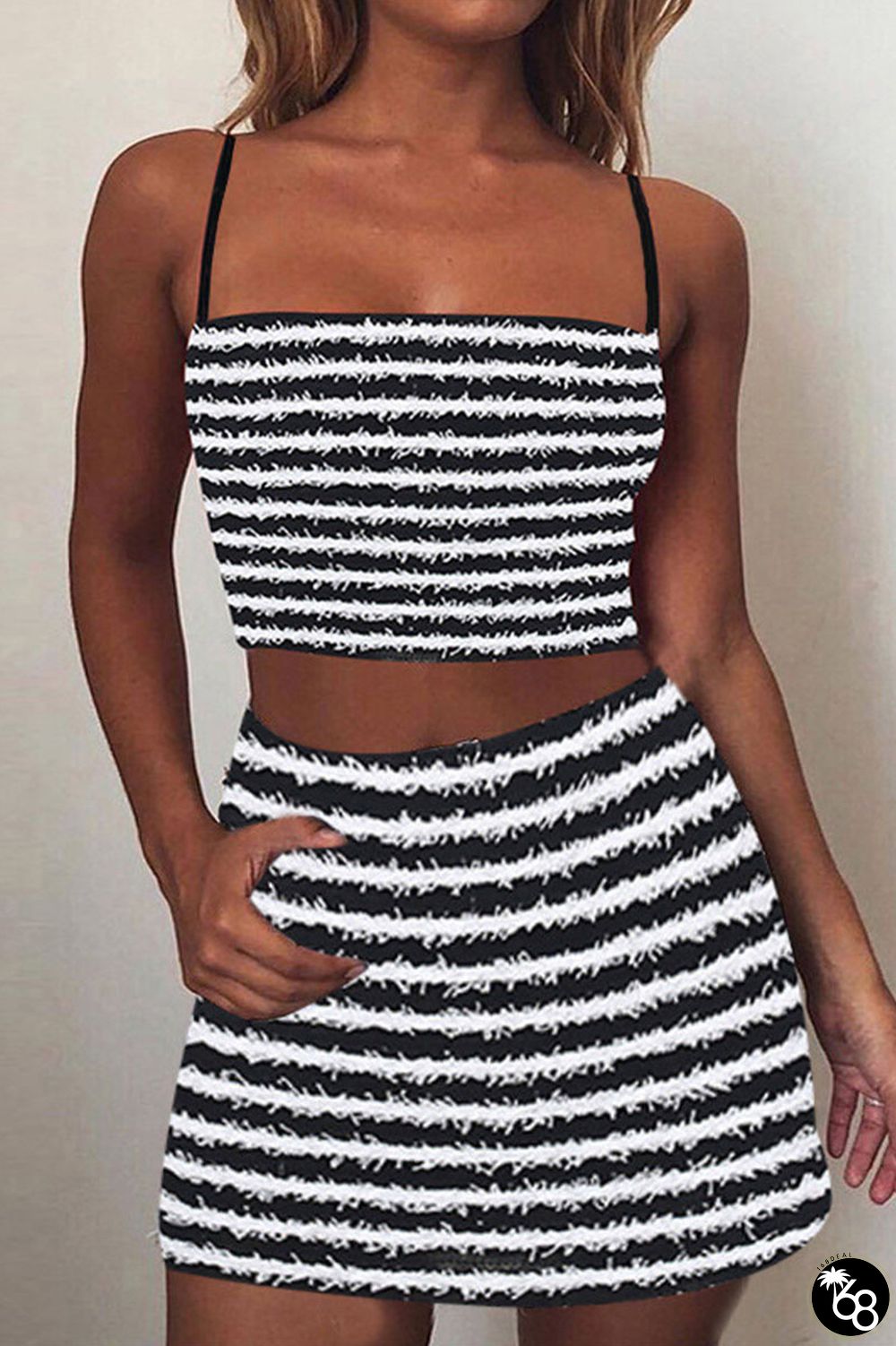 Grey Sexy Street Striped Printing Spaghetti Strap Sleeveless Two Pieces | 168DEAL