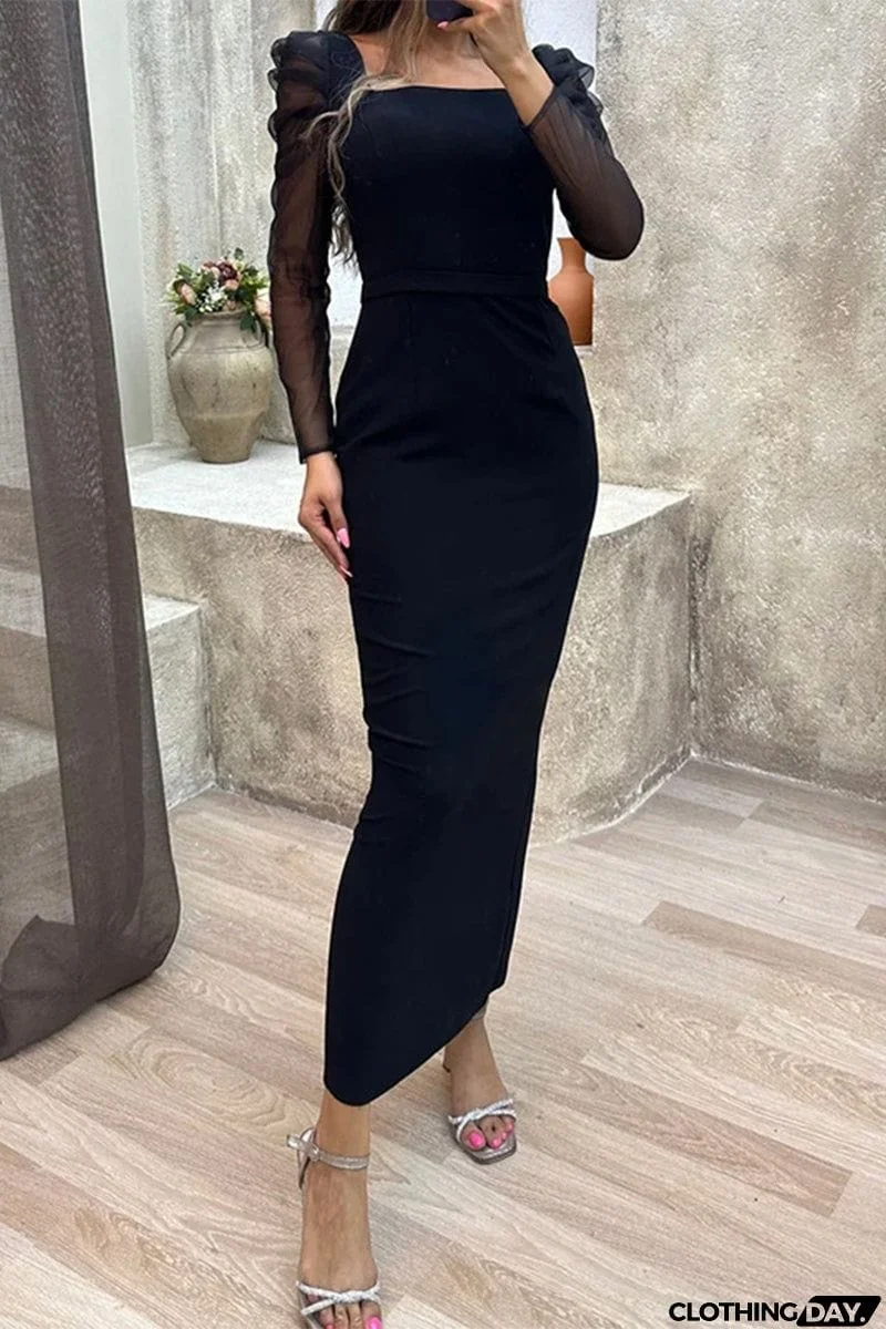 Elegant Solid Patchwork Square Collar Wrapped Skirt Dresses