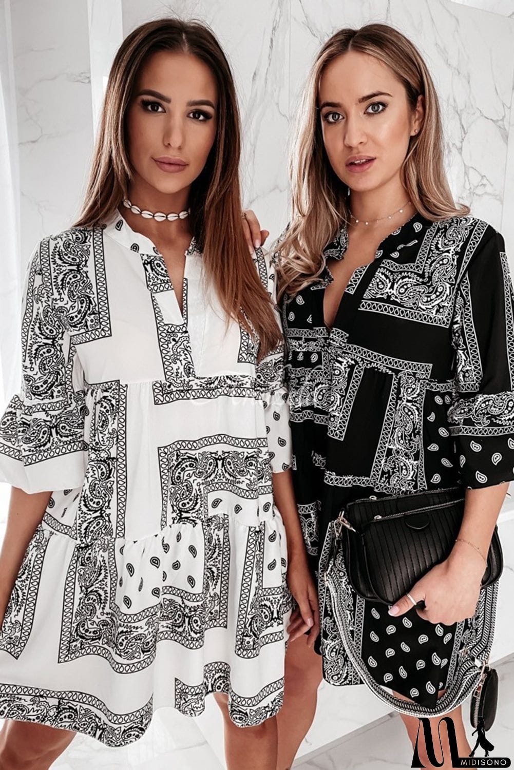 MidiSono - Geometric Tribal Print 3/4 Flared Sleeve Mini Dress