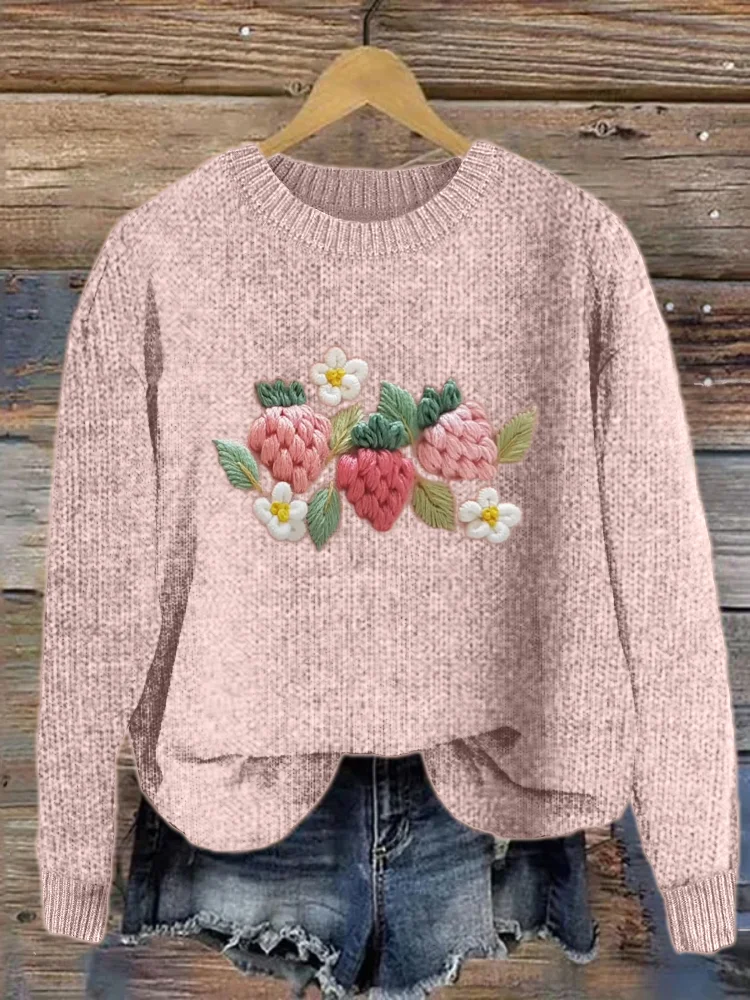 VChics Strawberry Floral Embroidery Art Cozy Knit Sweater