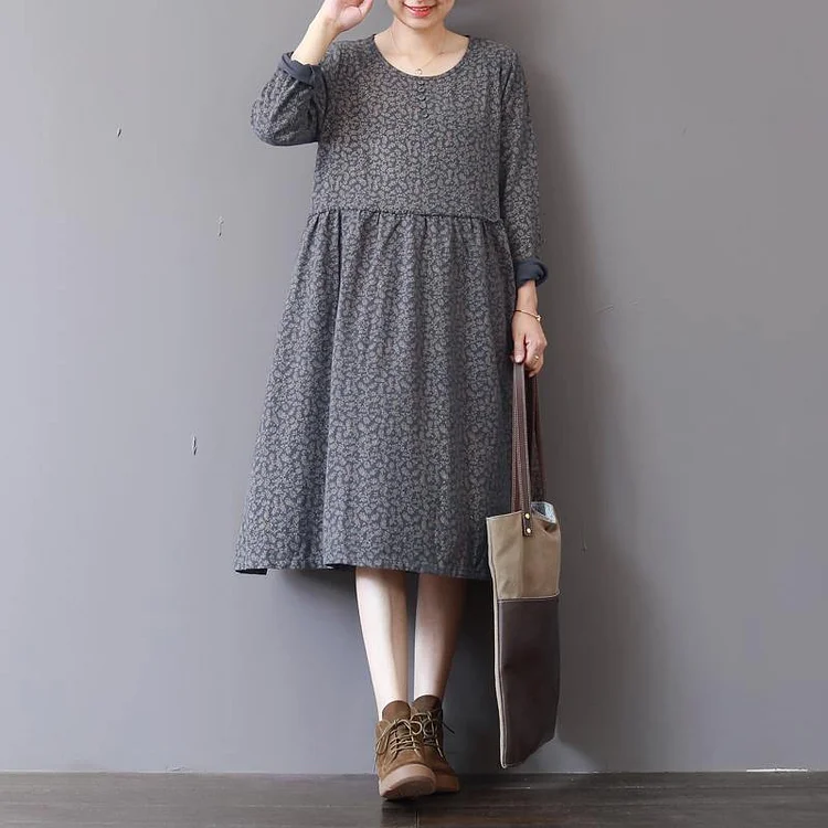 2018 gray prints natural cotton dress Loose fitting patchwork traveling clothing 2018 o neck autumn dress