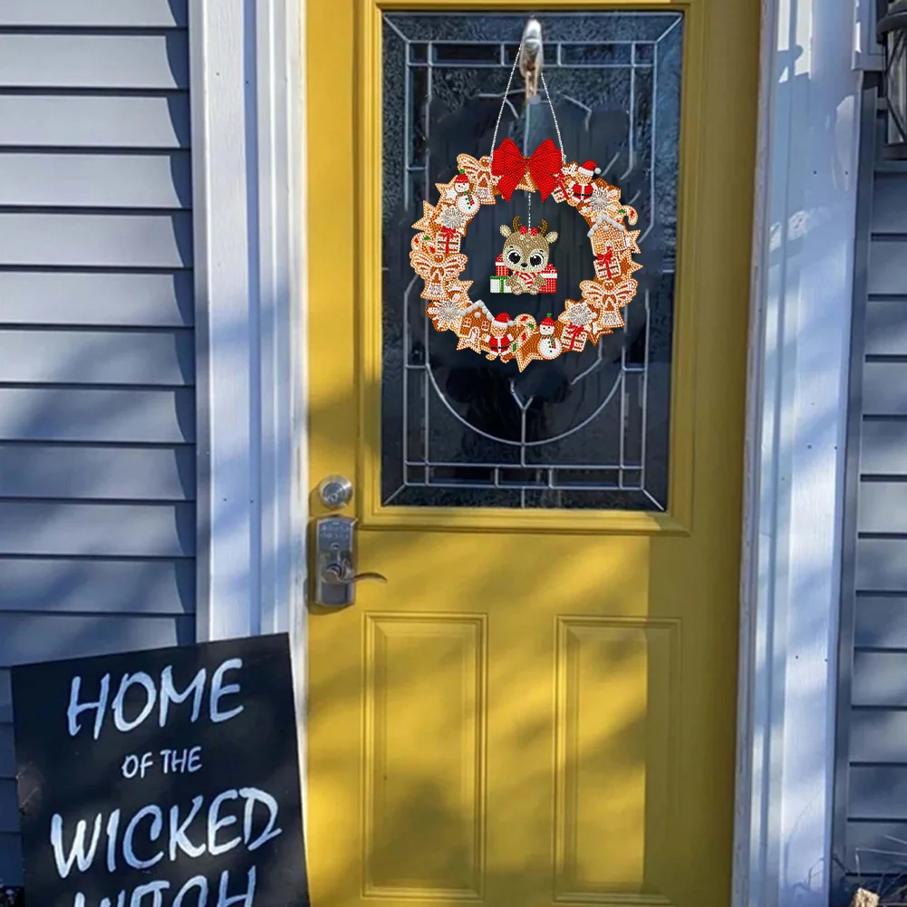 DIY Xmas Elk Acrylic Single Side Special Shaped Diamond Painting Wreath Ornament with LED Light