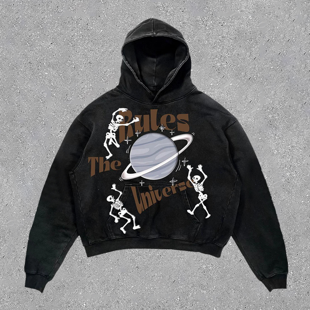 Vintage Street Style Skull Print Washed Hoodie