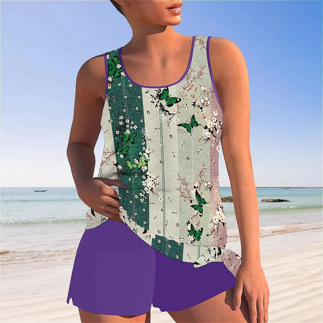 Bowknot Floral,Pink,Green,Stitch Mid Waisted Tankini Set - Plus Size Available