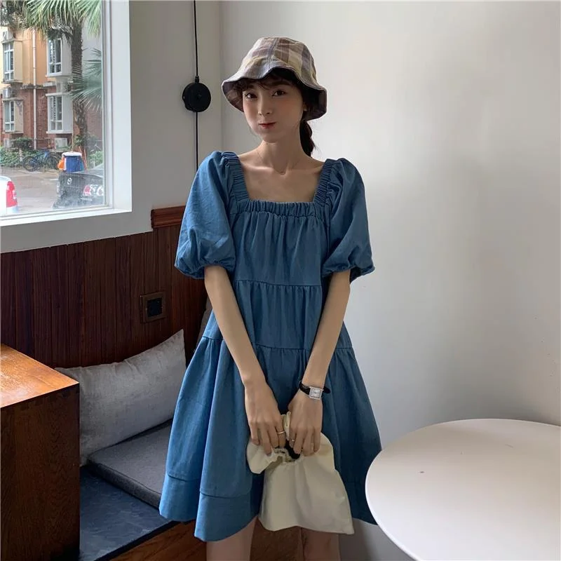 Colourp Sleeve Dress Women Square Collar Elastic Puff Sleeves Pleated Females Dresses Solid Summer Above Knee A-line Korean Style