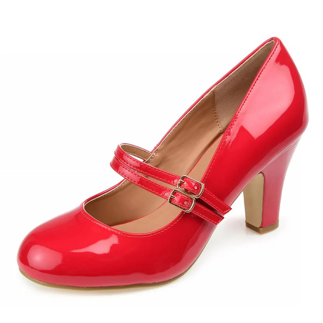 Round Toe Double Buckle Strap Chunky Heel Mary Jane Shoes in Red