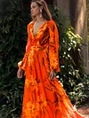 Floral Printed Empire Long Sleeves Maxi Dress