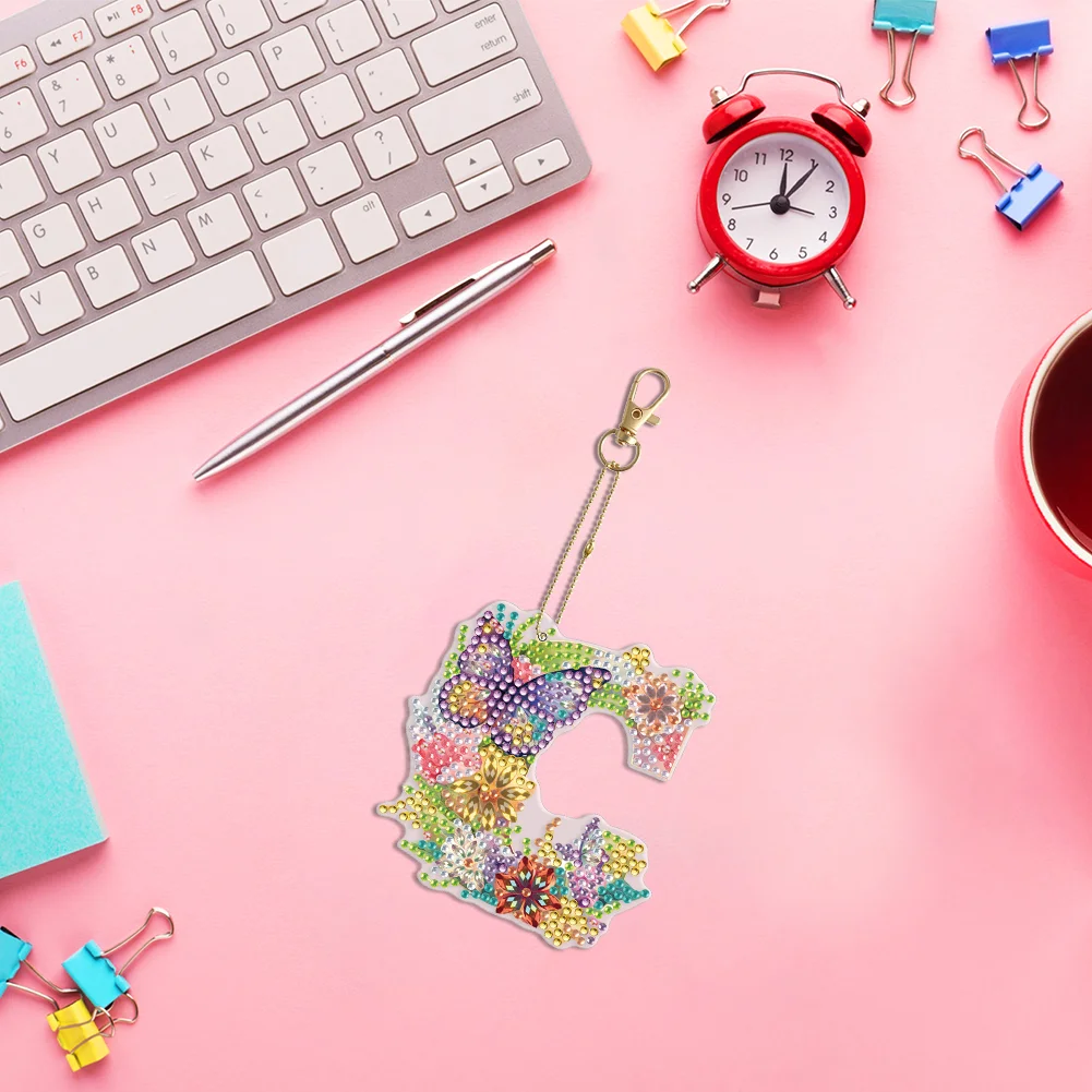 DIY C Diamond Art Key Rings Lettter Keychain Supplies Gift for Kids(Double Sided)