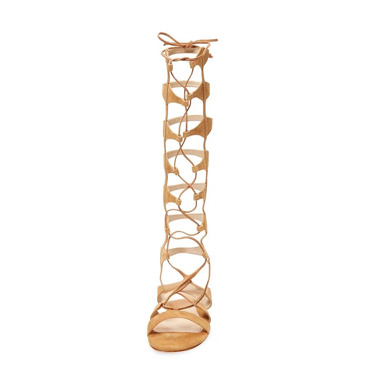 Khaki Knee-High Strappy Gladiator Flat Sandals Vdcoo