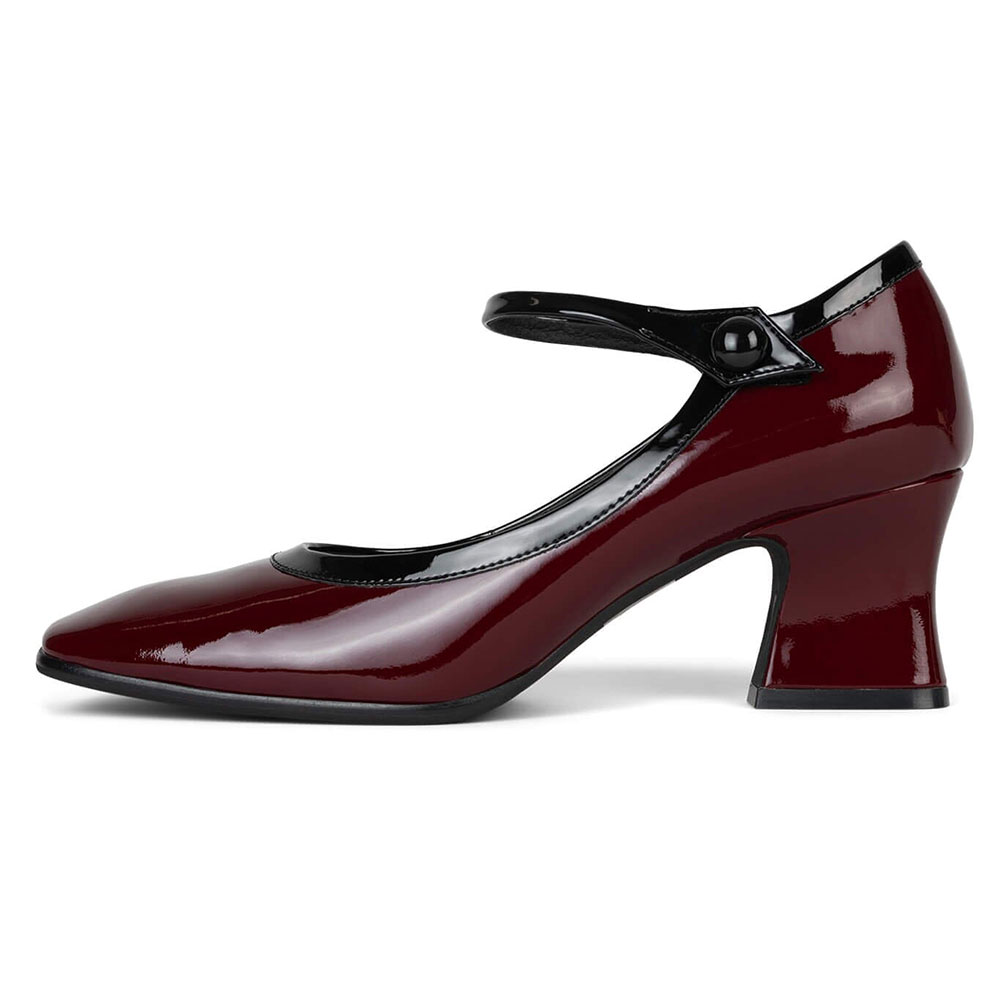 Maroon Patent Leather Square Toe Block Heel Mary Jane Pumps Nicepairs