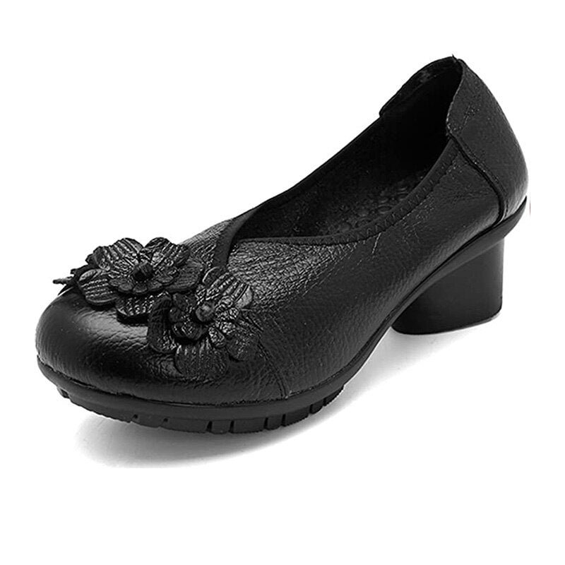 Floral Vintage Heels Women Block Heel Retro Pumps Plus Size 42 Women's Heel Shoes 2021 Small Pressure Genuine Leather Pumps Shoe