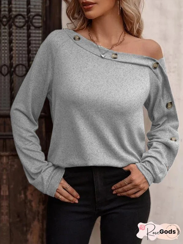 T-Shirts Solid Diagonal Neck Button Long Sleeve T-Shirts for Women