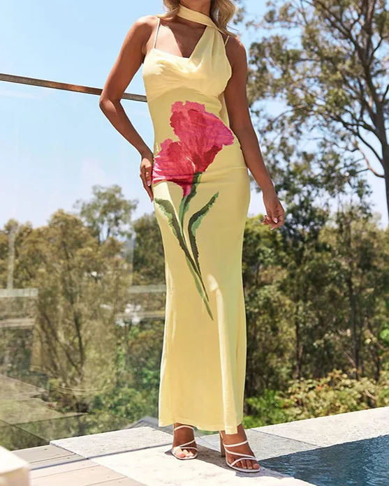 Halter Neck Floral Print Fishtail Dress