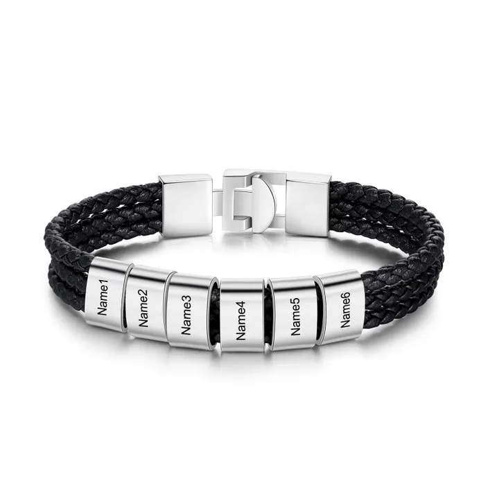 Men Leather Bracelet with 6 Beads Engraved 6 Names Three Layers Bracelet
