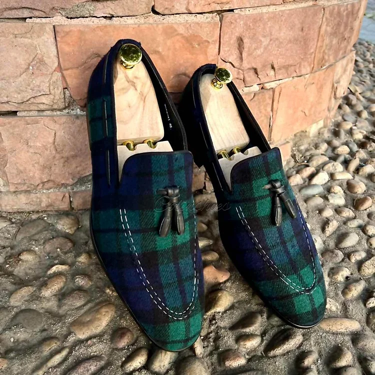 Men's Blue and Green Plaid Loafers Shoes