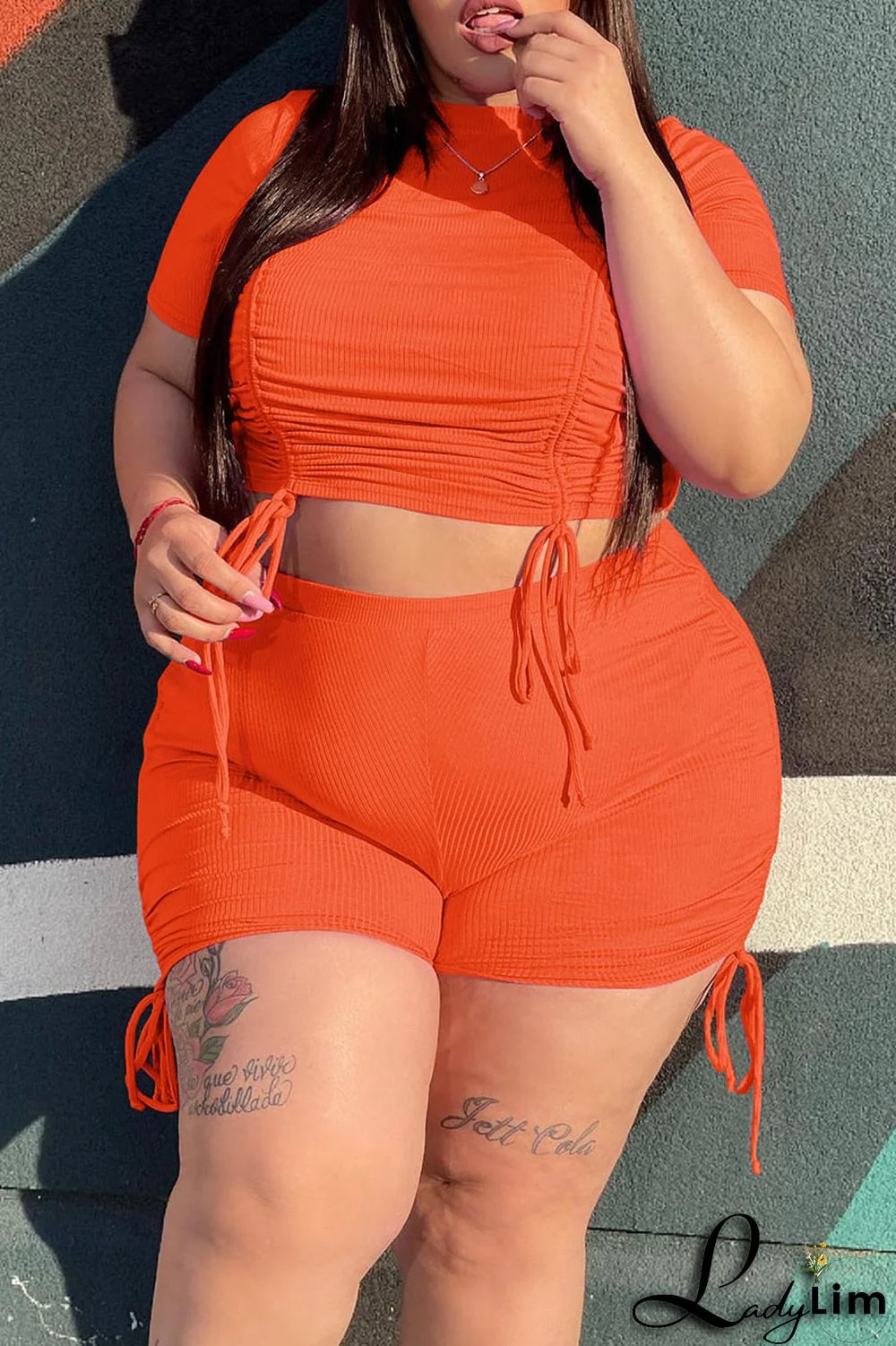 Orange Fashion Casual Solid Draw String Frenulum O Neck Plus Size Two Pieces