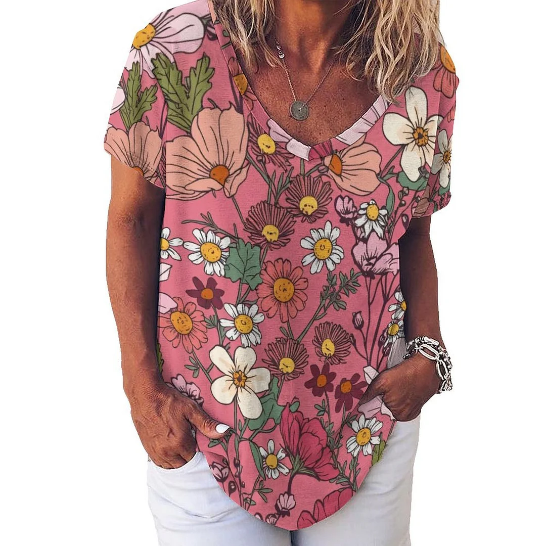 V-neck Short Sleeve Casual T-shirt for  Women Printed with Pattern Floral, Red, Pink