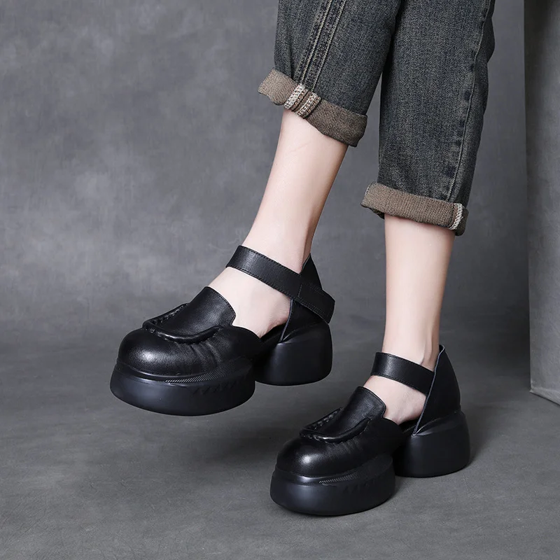 Yyvonne Cow Skin Retro Baotou Thick-Soled Roman Sandals Women's 2025 Summer New Commute Comfortable Casual Women's Shoes