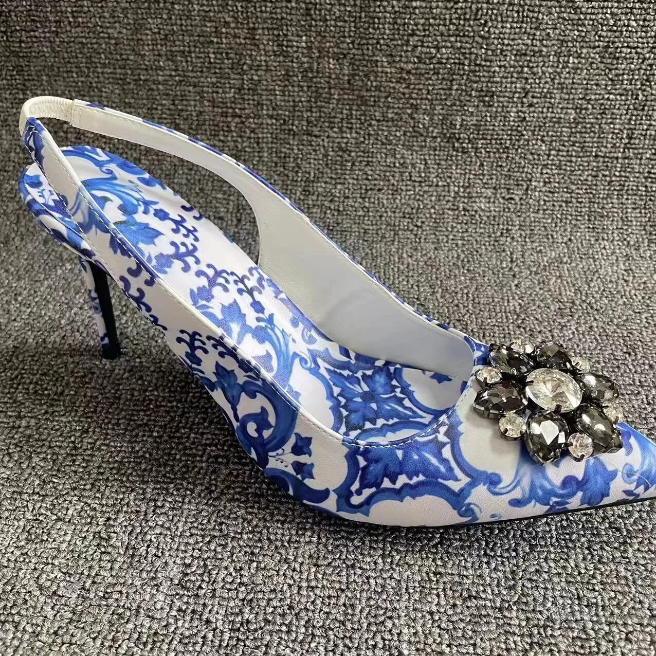 VCSHOES Blue And White Porcelain Flower Pointed High Heels Pumps All-Match Artificial Diamond Women's Shoes