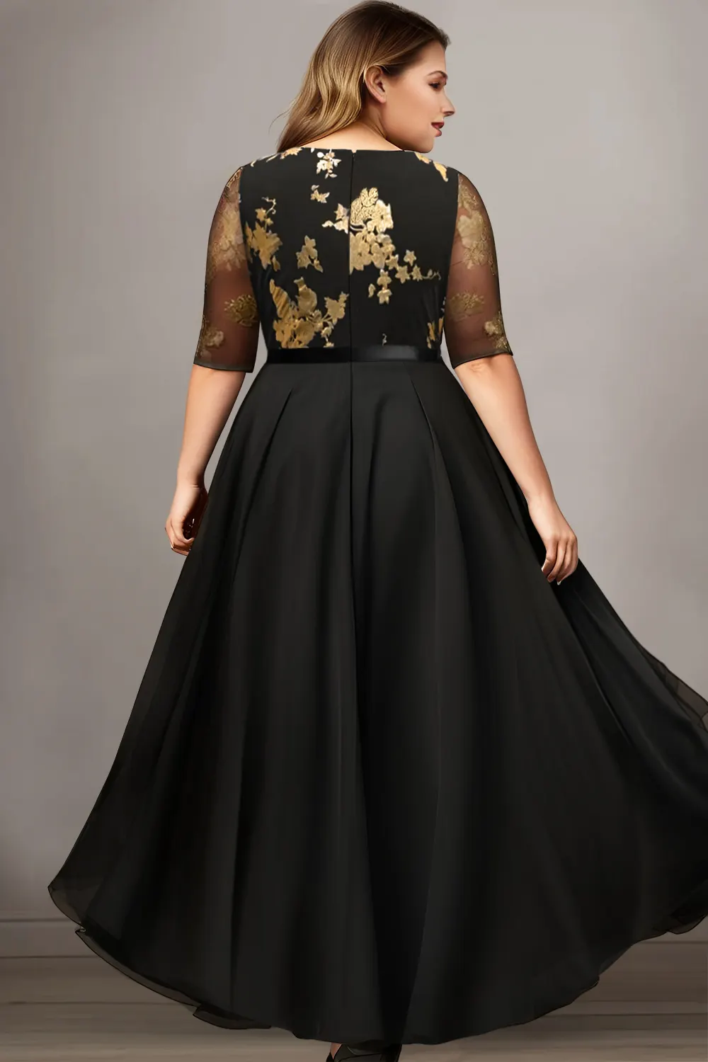 Flycurvy Plus Size Formal Black Chiffon Gold Foil Stamping 3/4 Sleeve High Low Hem Maxi Dress- Flycurvy Flycurvy Plus Size Formal Black Chiffon Gold Foil Stamping 3/4 Sleeve High Low Hem Maxi Dress- Flycurvy