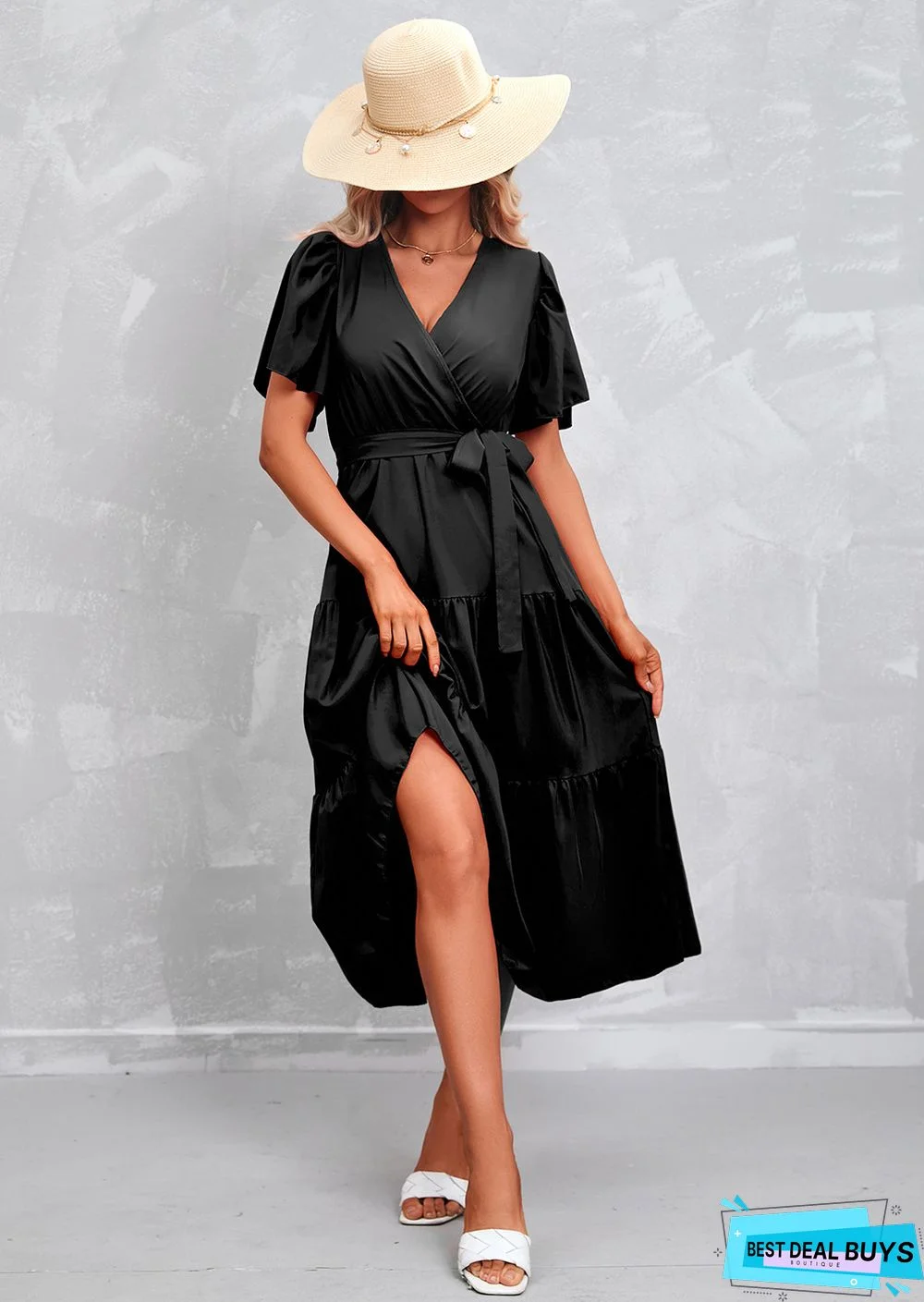 Women's Solid Color V-neck Short Sleeve Dress