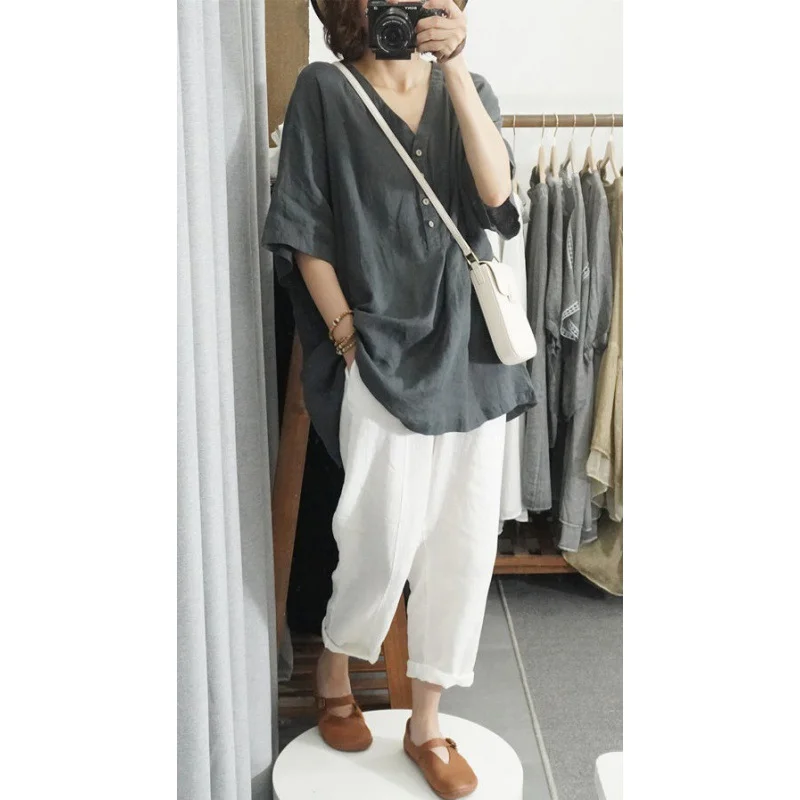 Uveng Uveng Version Of Cotton Shirt V Collar Large-Size Leisure Imitation Cotton Lining Jacket Solid Color Short-Sleeved Top Woman Summer