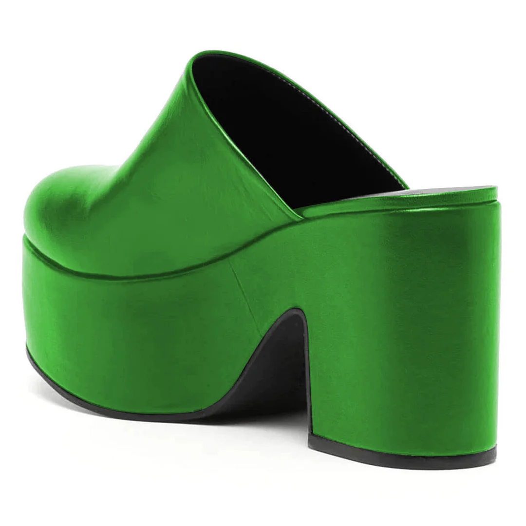 Classic Vegan Leather Round Toe Platform Block Heeled Mules in Green