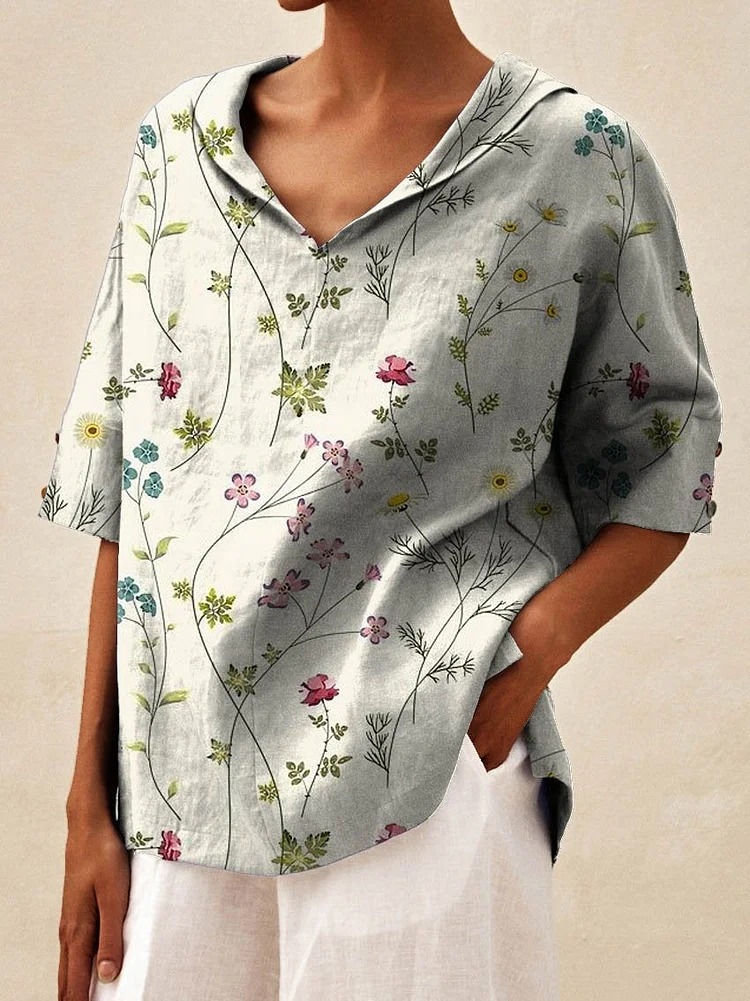 Women' Vintage Floral Art Print Casual Linen V-neck Shirt
