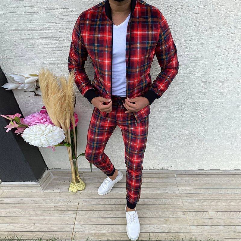 Vintage Red Geometric Grid Jacket And Pants