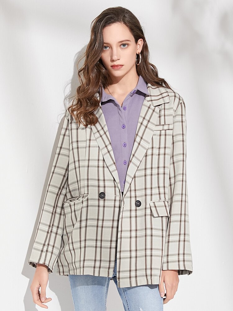 Check Print Long Sleeve Lapel Blazer For Women - Shop Trendy Women's Clothing | LoverChic