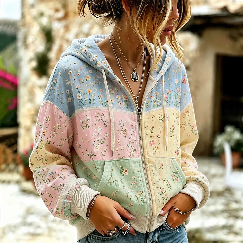 Comstylish Women's Vintage Small Floral Patchwork Art Casual Zip-up Hoodie