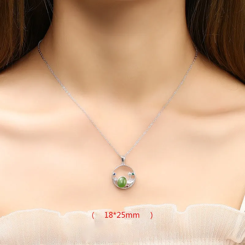 925 Sterling Silver White Jade Cyan Jade Lotus Flower Leaf Success Necklace Pendant